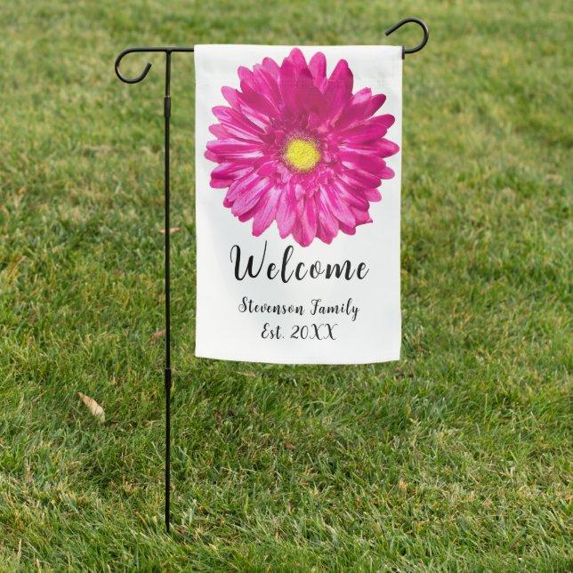 Pretty pink daisy flower custom name garden flag (In SItu)