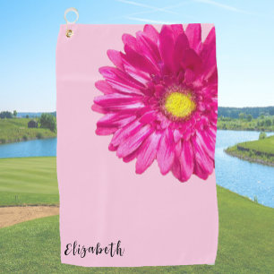 Pretty pink daisy flower custom name golf towel