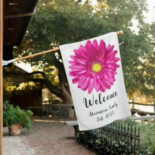 Pretty pink daisy flower custom name house flag