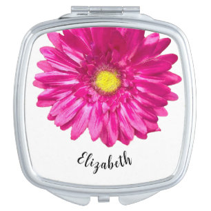 Pretty pink daisy flower custom name womens compact mirror