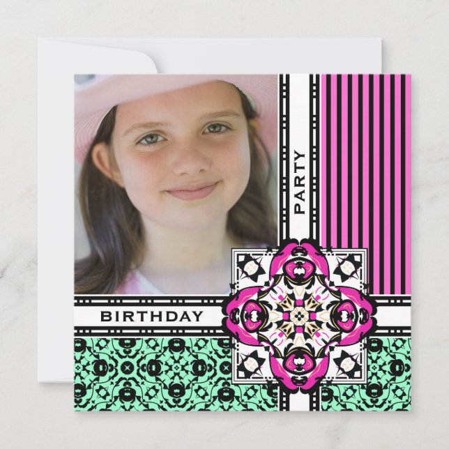 Pretty Pink Damask Birthday Party Invitations (Front)