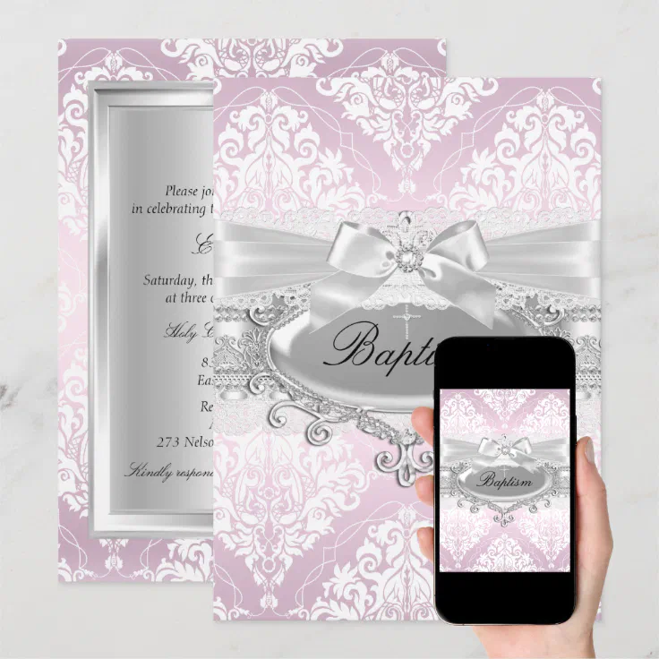Pretty Pale Coral Pink Damask Bow Wedding Personalised Invitations - The Card Zoo