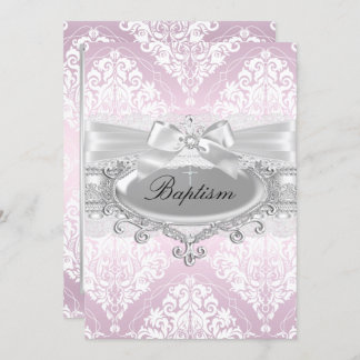 Pretty Pink Damask & Bow Baptism Invitation