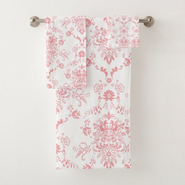 Pretty Pink Damask on White Bath Towel Set (Insitu)