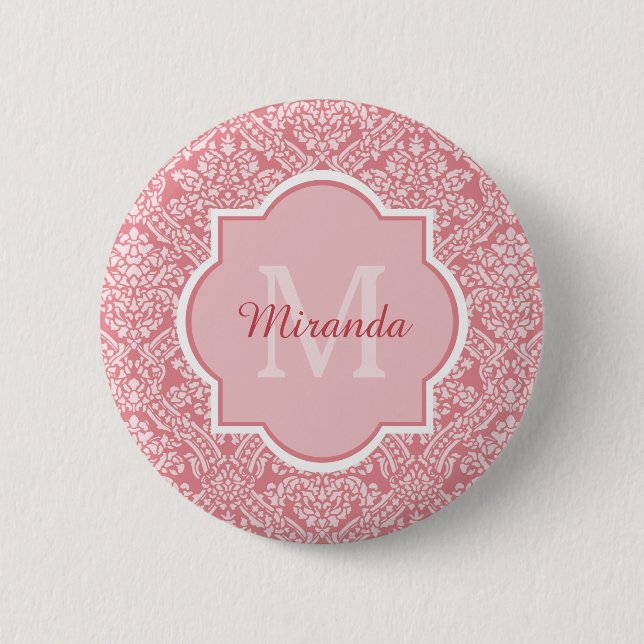Pretty Pink Damask Pattern Monogram With Name Button (Front)