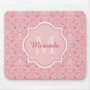 Pretty Pink Damask Pattern Monogram With Name Mouse Pad