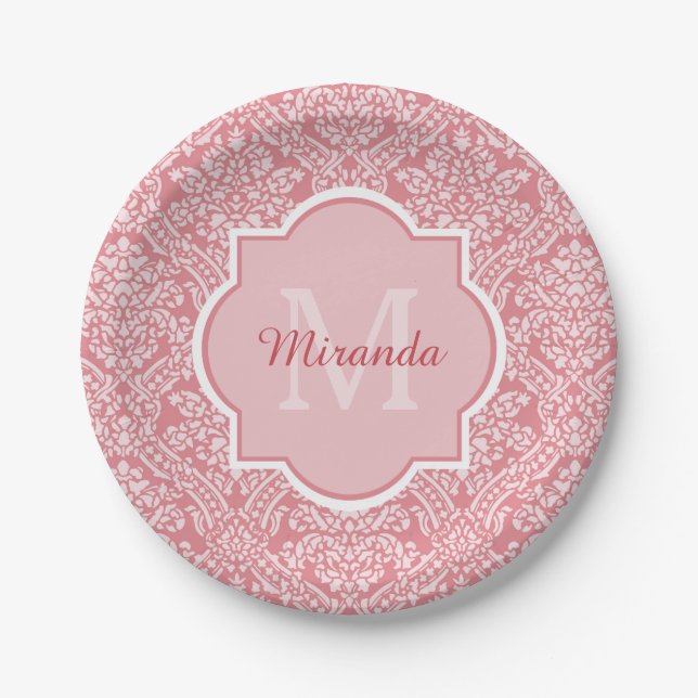 Pretty Pink Damask Pattern Monogram With Name Paper Plates (Front)