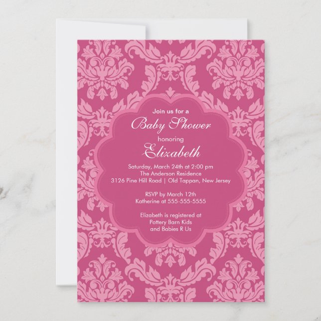 Pretty Pink Damask Spring Baby Shower Invitation (Front)