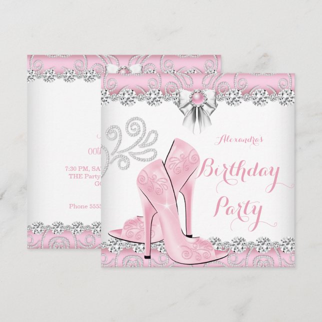 Pretty Pink Diamond High Heels Birthday Party Invitation (Front/Back)