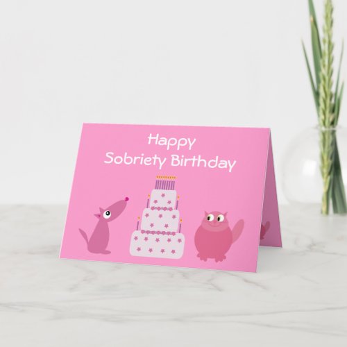 Pretty Pink Dog Cat  Birthday Cake Sobriety Card