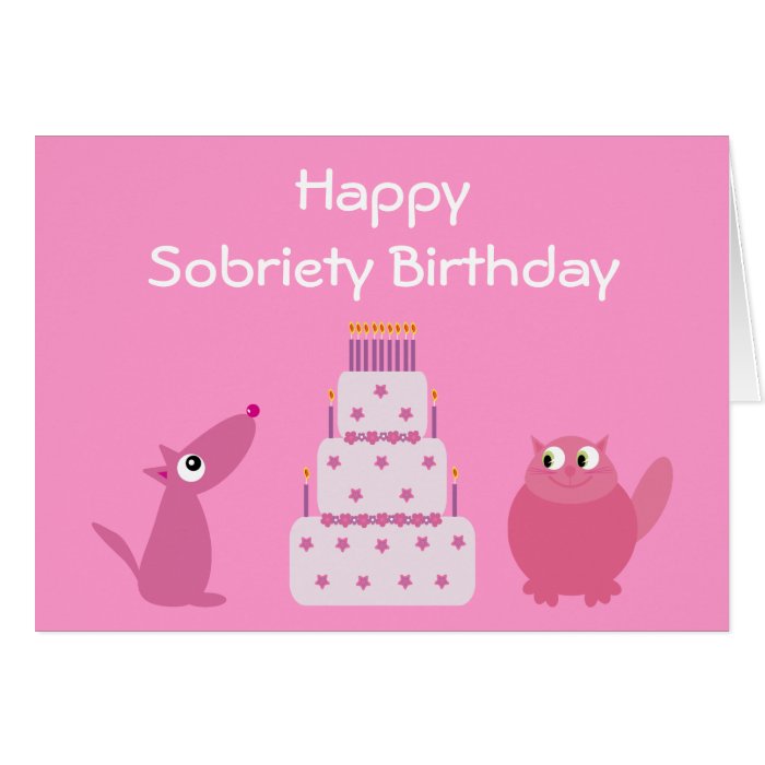 Pretty Pink Dog, Cat & Birthday Cake Sobriety Card