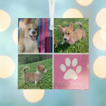 Pretty Pink Dog Collage Custom Pet Christmas Gift Glass Ornament<br><div class="desc">This beautiful puppy pet photo Christmas ornament is personalized with adorable pictures of your sweet girl dog. Customize this chic gift with your own custom pup photographs around a pretty pink square with a cute white paw print and your dog's name in the center.</div>