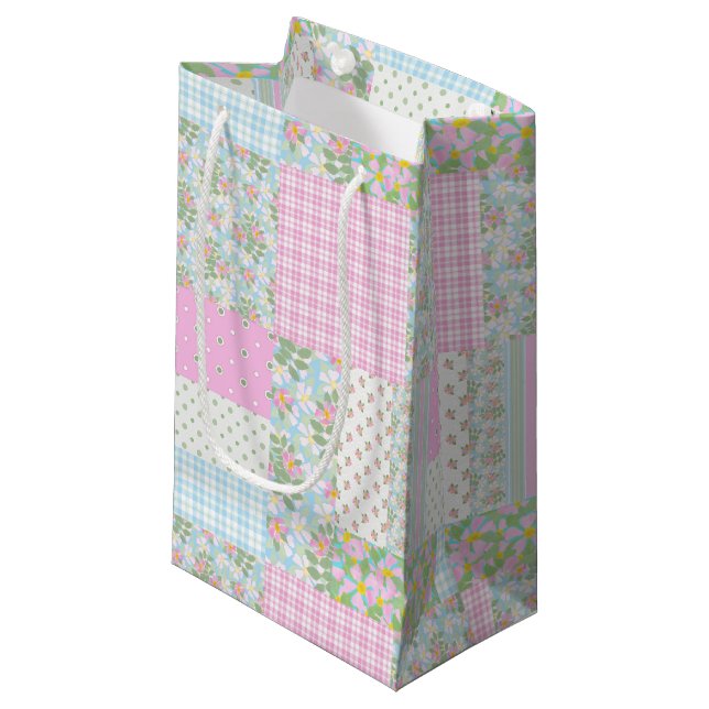Pretty Pink Dog Rose Faux Patchwork Small Gift Bag (Front Angled)