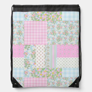 Pretty Pink Dog Roses Faux Patchwork Pattern Drawstring Bag