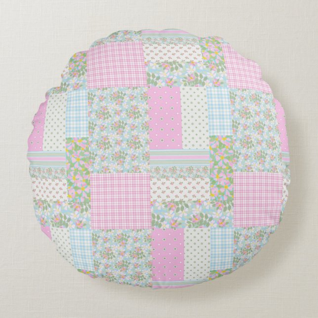 Pretty Pink Dog Roses Faux Patchwork Round Pillow (Front)