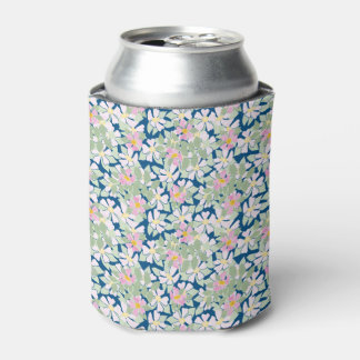 Pretty Pink Dog Roses on Deep Blue Can Cooler