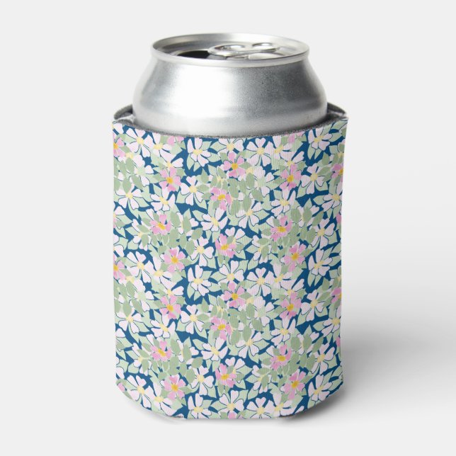Pretty Pink Dog Roses on Deep Blue Can Cooler (Can Front)