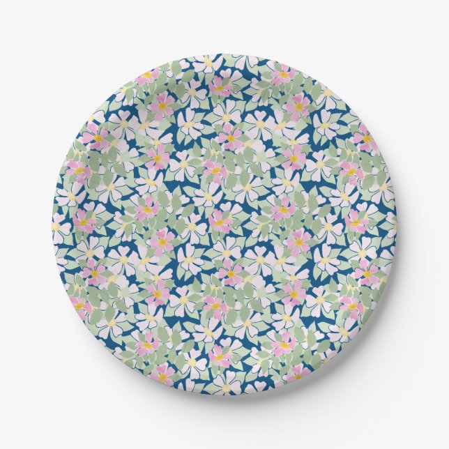 Pretty Pink Dog Roses on Deep Blue Paper Plate (Front)