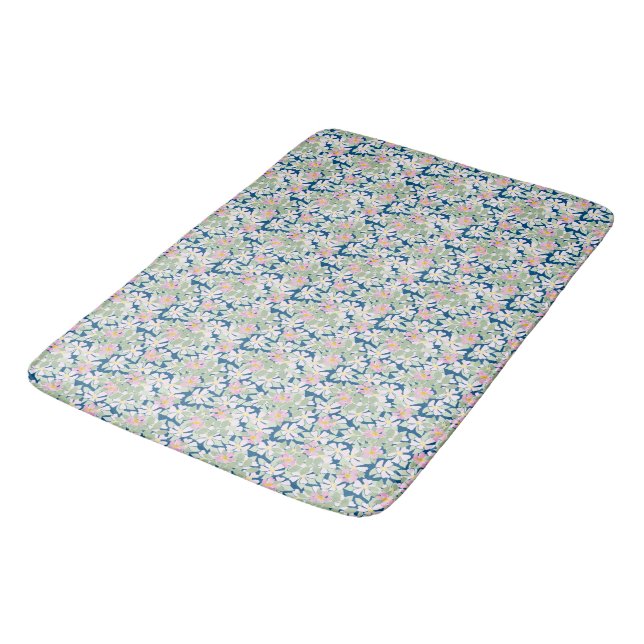 Pretty Pink Dog Roses on Navy Blue Pattern Bathroom Mat (Angled)