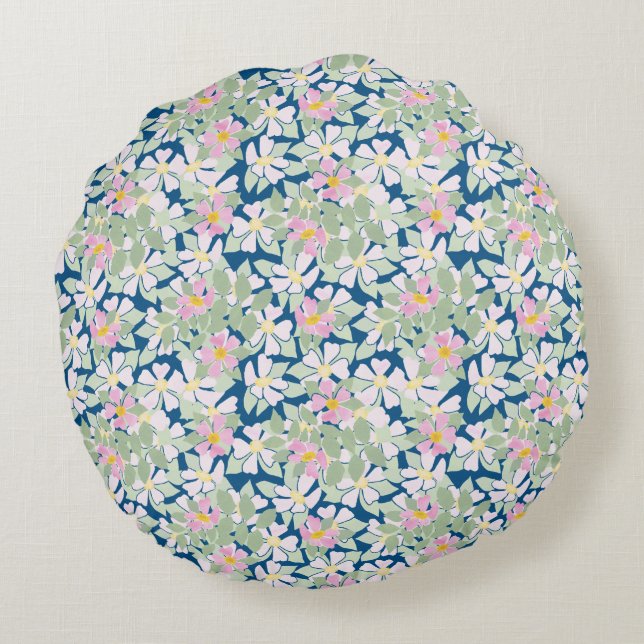 Pretty Pink Dog Roses on Navy Blue Round Pillow (Back)