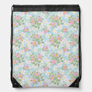 Pretty Pink Dog Roses on Sky Blue Floral Pattern Drawstring Bag
