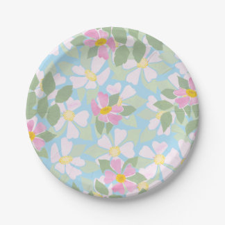 Pretty Pink Dog Roses on Sky Blue Paper Plate