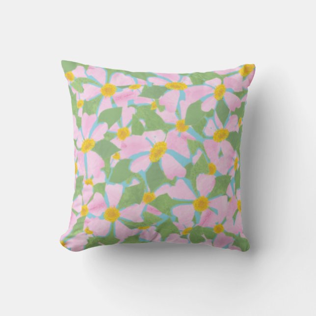 Pretty Pink Dog Roses on Sky Blue Pattern Throw Pillow (Front)