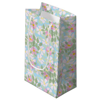 Pretty Pink Dog Roses on Sky Blue Small Gift Bag
