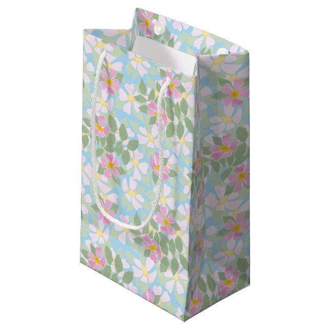 Pretty Pink Dog Roses on Sky Blue Small Gift Bag (Front Angled)