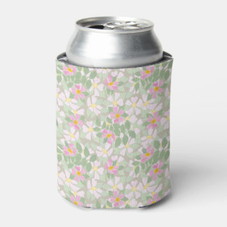 Pretty Pink Dog Roses on Taupe Can Cooler