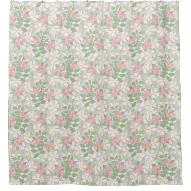 Pretty Pink Dog Roses on Taupe Floral Pattern Shower Curtain (Front)