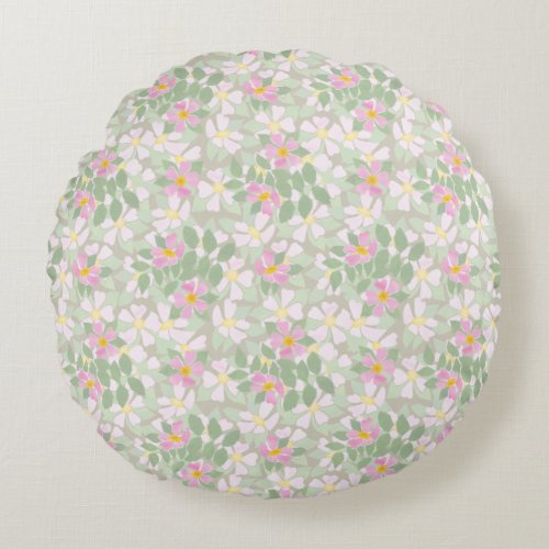 Pretty Pink Dog Roses on Taupe Round Pillow