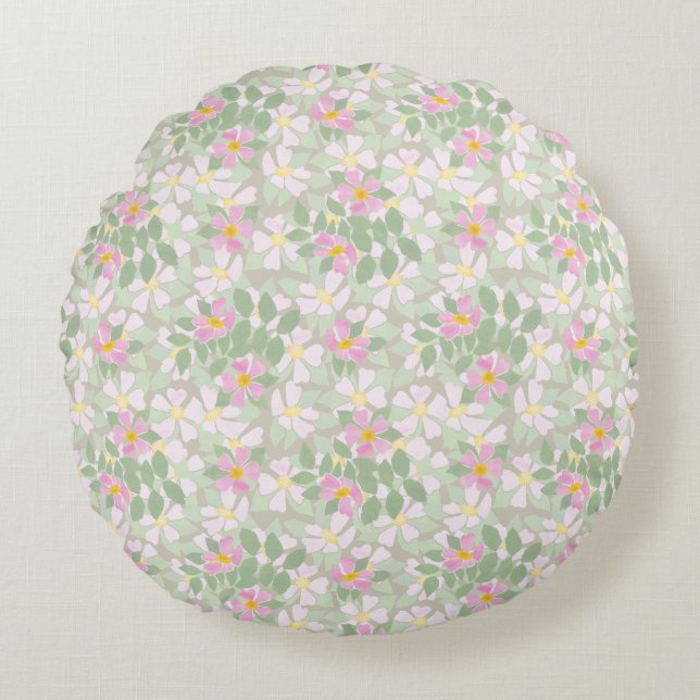 Pretty Pink Dog Roses on Taupe Round Pillow (Front)