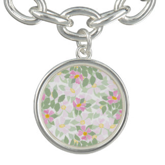 Pretty Pink Dog Roses on White Floral Pattern Charm Bracelet