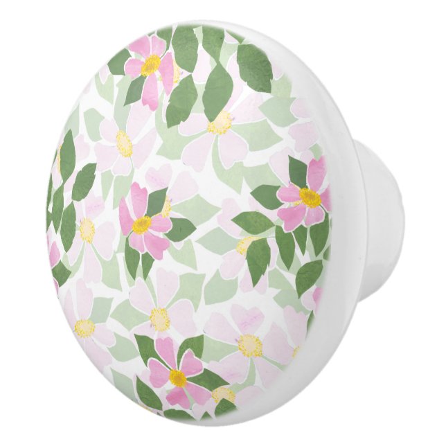 Pretty Pink Dog Roses on White Pattern Ceramic Knob (Right)