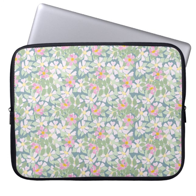 Pretty Pink Dogroses on Dark Blue Laptop Sleeve (Front)