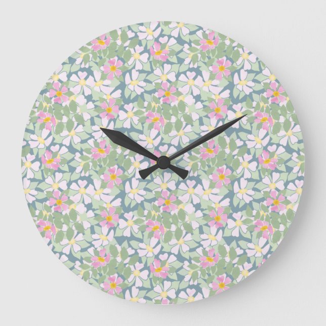 Pretty Pink Dogroses on Deep Blue Round Wall Clock (Front)