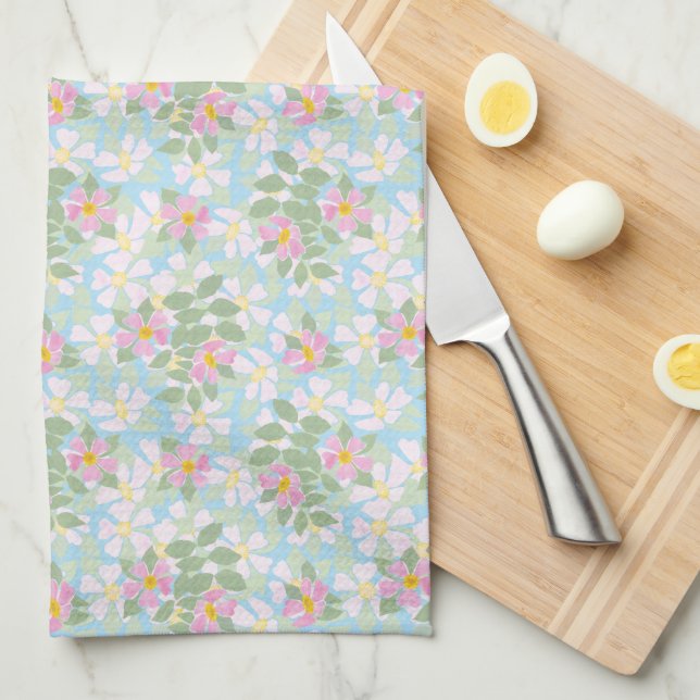 Pretty Pink Dogroses on Sky Blue Kitchen Towel (Quarter Fold)