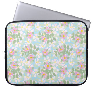Pretty Pink Dogroses on Sky Blue Laptop Sleeve