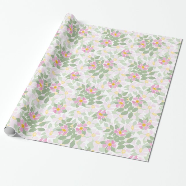 Pretty Pink Dogroses on White Wrapping Paper (Unrolled)
