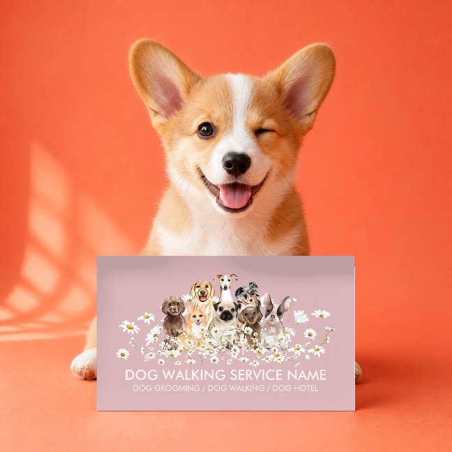 Pretty Pink Dogs in Daisies, Pet Groom, Pet Care Business Card