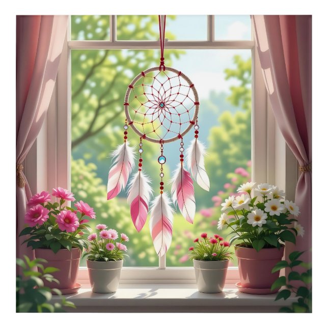 Pretty Pink Dreamcatcher and Plants Window Sill Acrylic Print (Front)