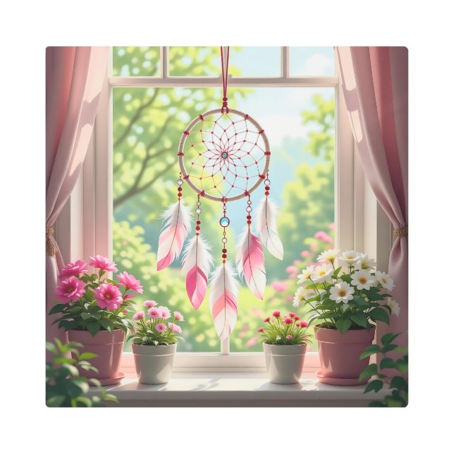 Pretty Pink Dreamcatcher and Plants Window Sill Metal Print (Front)