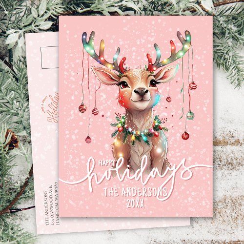 Pretty Pink Dreamy Reindeer and Christmas Lights Postcard