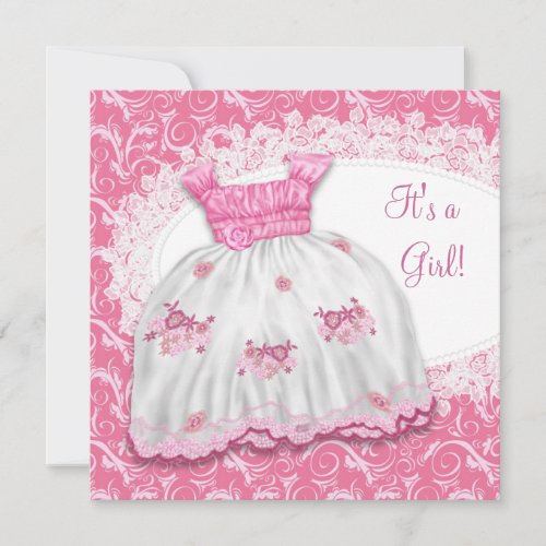Pink Dress White Pink Swirl Baby Shower Personalized Invitation