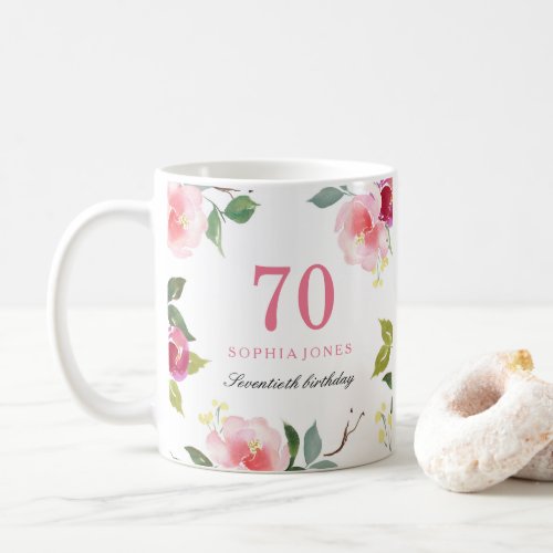 Pretty Pink Elegant Floral 70th Birthday Gift Coffee Mug