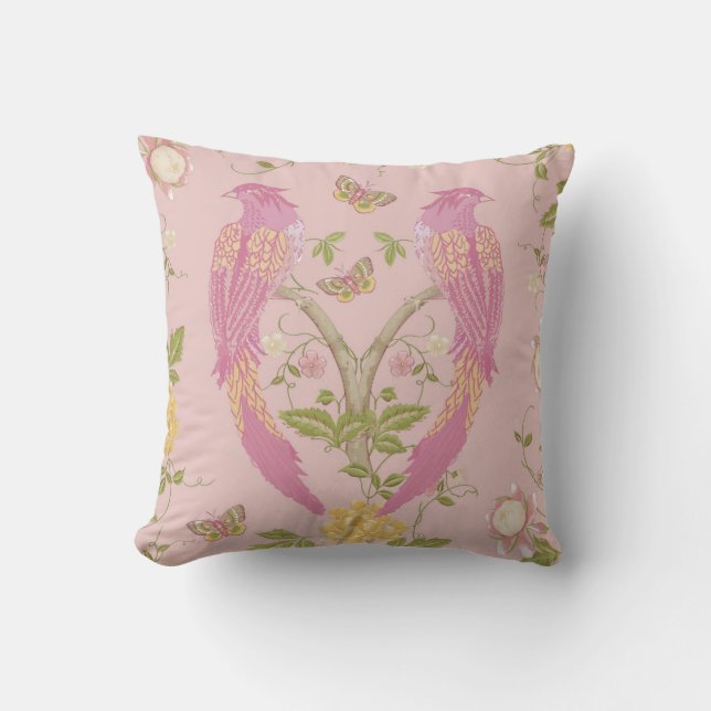 Pretty Pink Elegant Lovebirds Butterflies Flowers Throw Pillow (Front)