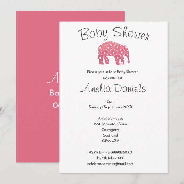 Pretty Pink Elephant Baby Shower  Invitation (Front/Back)