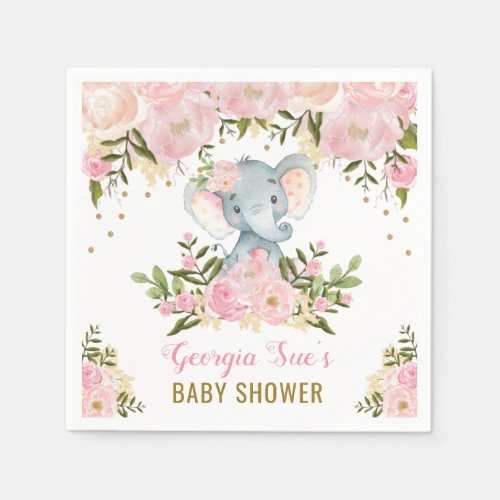 Pretty Pink Elephant  Feminine Watercolor Floral Napkins