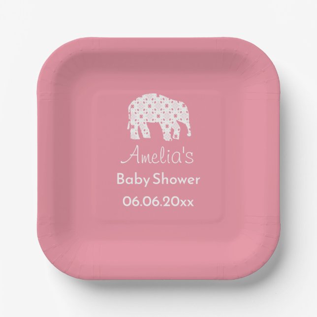 Pretty Pink Elephant Personalized Baby Shower  Paper Plates (Front)